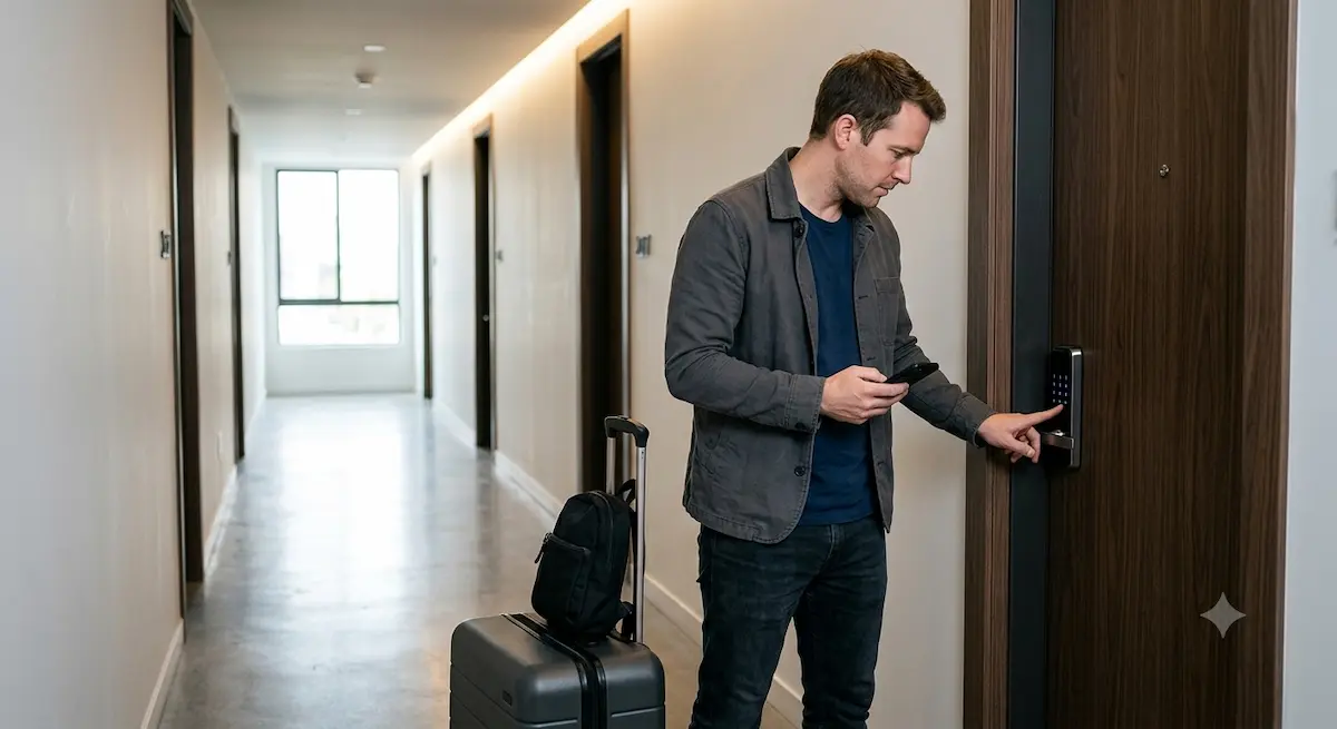 Hóspede consultando as instruções de check-in no celular perto da porta