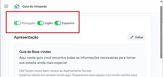 Barra de ativação de idiomas na tela de edição do guia