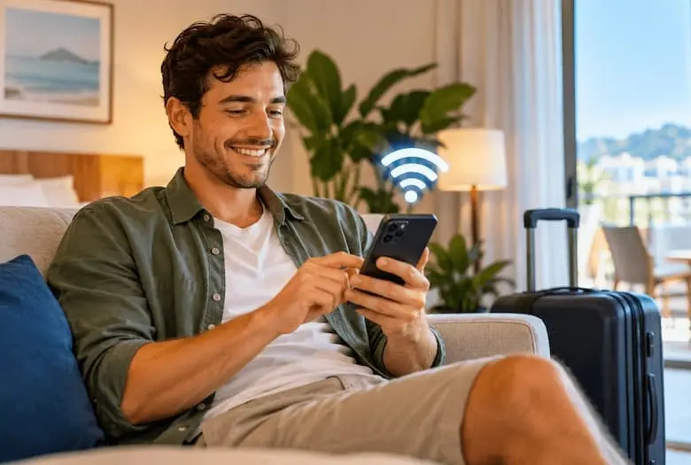 Hóspedes confusos olhando para o smartphone durante o check-in