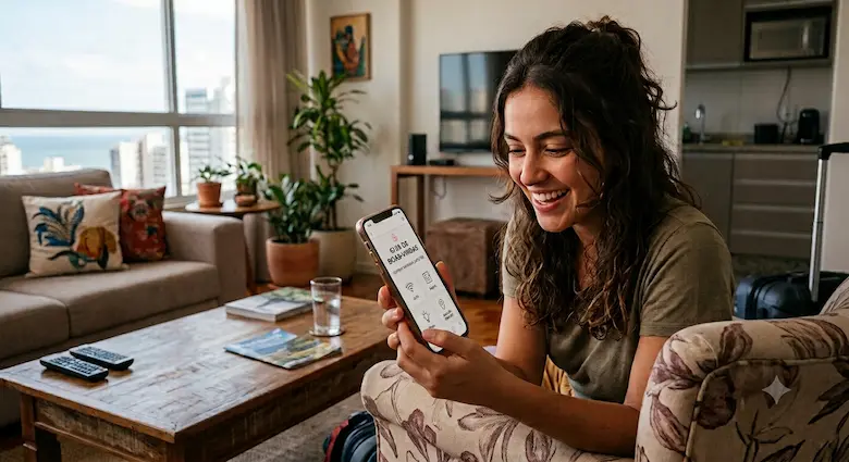 Hóspede recebendo uma mensagem de boas-vindas do anfitrião no celular