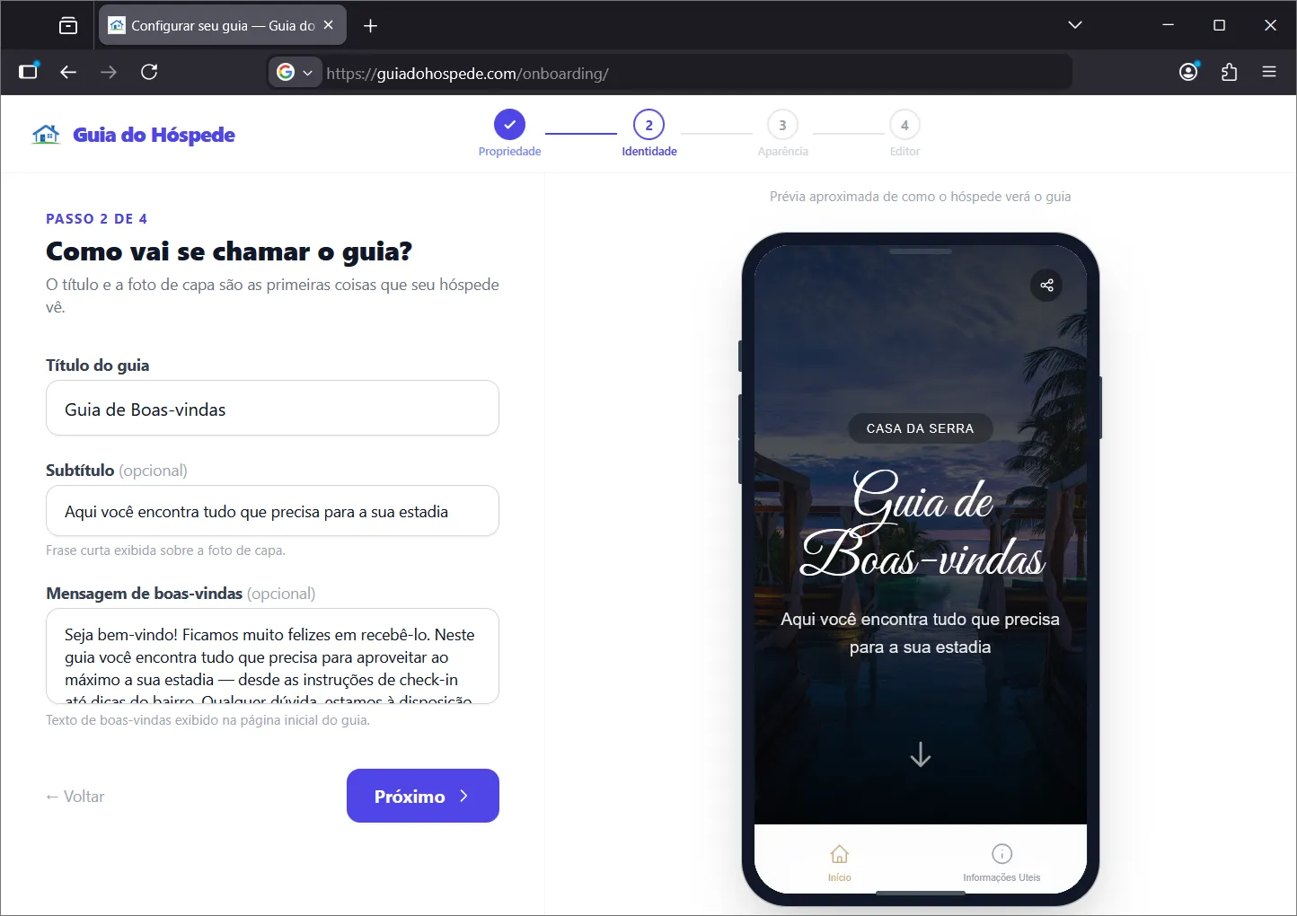 Passo 2 do assistente de criação — identidade do guia