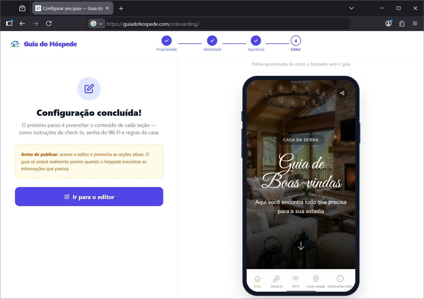 Passo 4 do assistente de criação — acesso ao editor completo