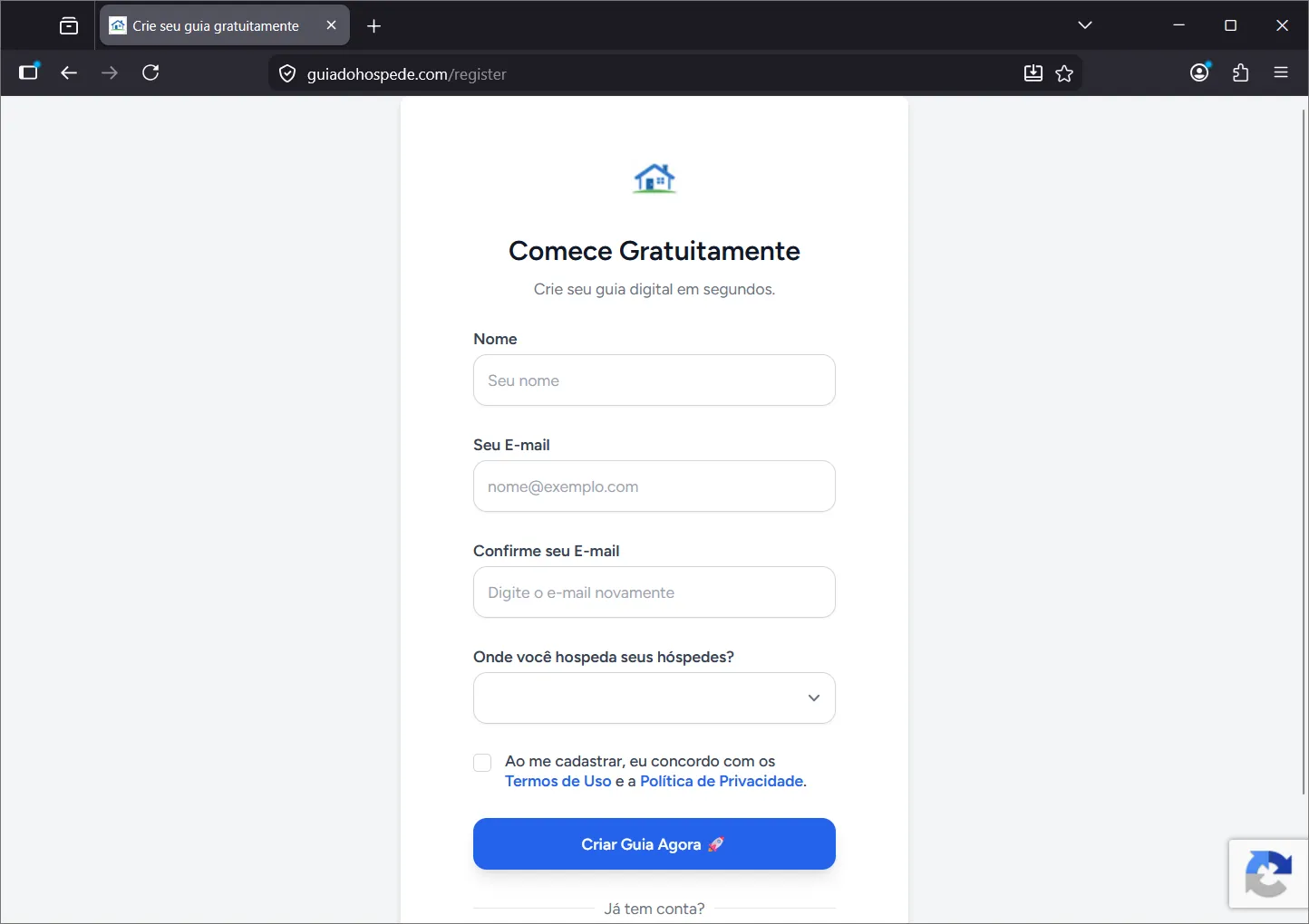 Tela de registro do Guia do Hóspede