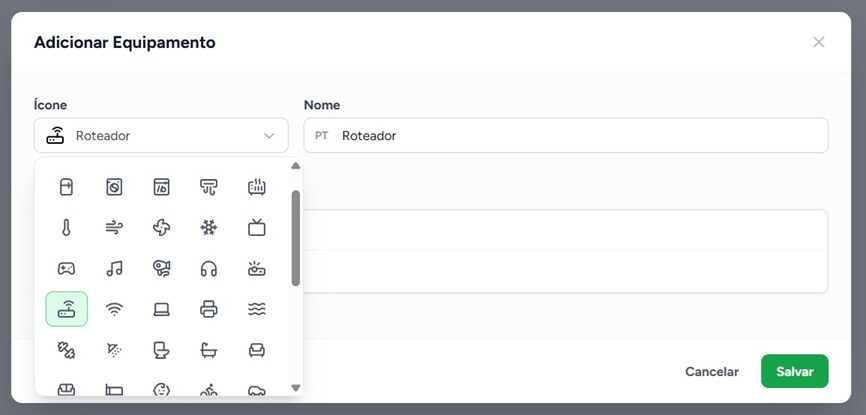 Seção de Equipamentos no editor do Guia do Hóspede, com um item configurado