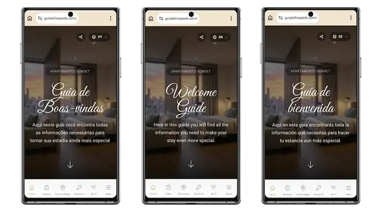 Três smartphones, cada um com um versão diferente de um mesmo manual do hóspede digital, em português inglês e espanhol
