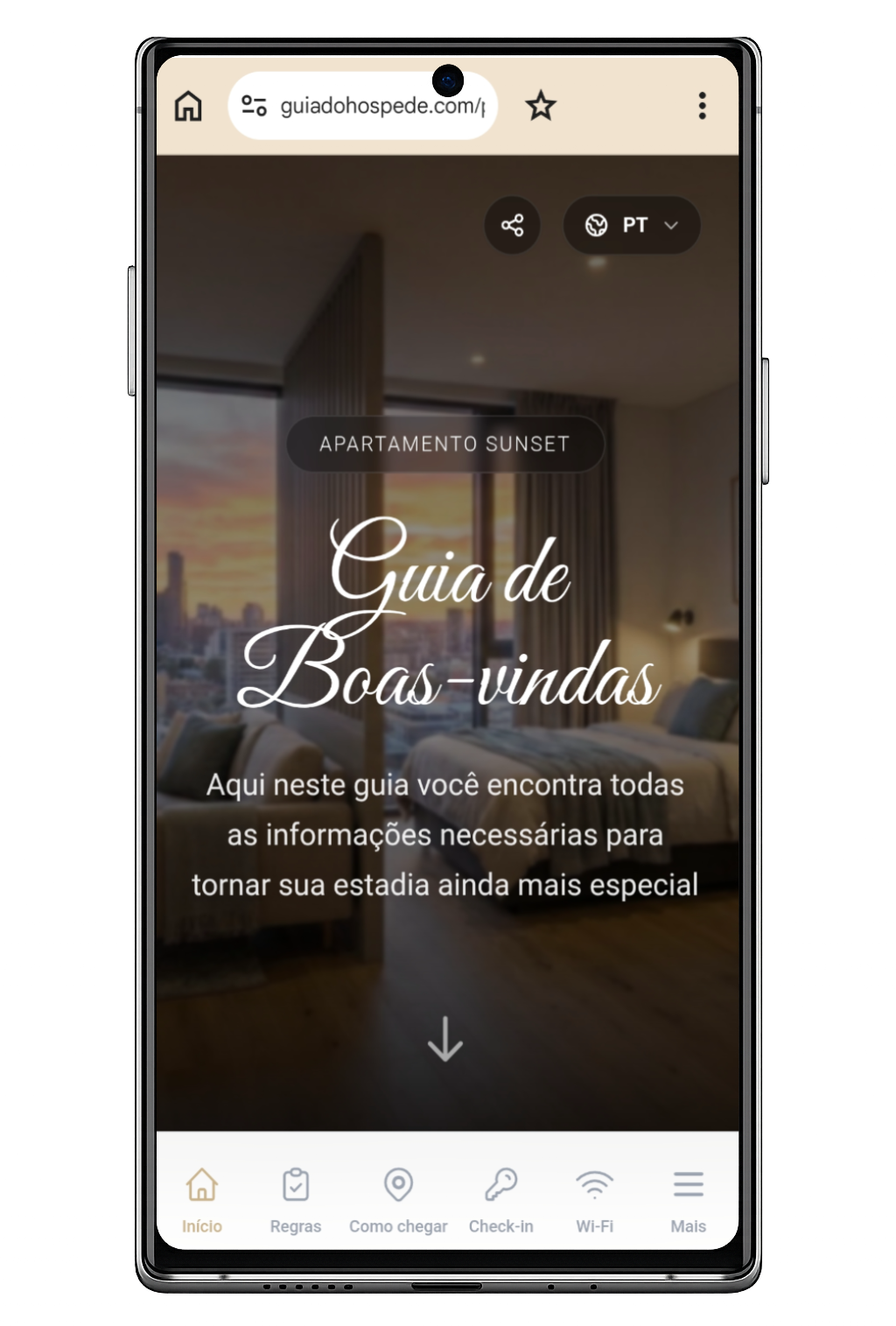 Exemplo de guia digital de boas-vindas criado na plataforma Guia do Hóspede, onde é possível criar uma seção de Regras da Casa com as principais diretrizes para uma estadia sem aborrecimentos