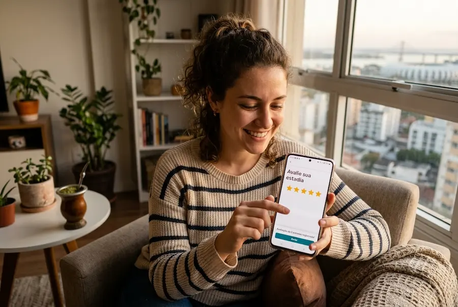 Hóspede sorrindo enquanto avalia a estadia com 5 estrelas no smartphone