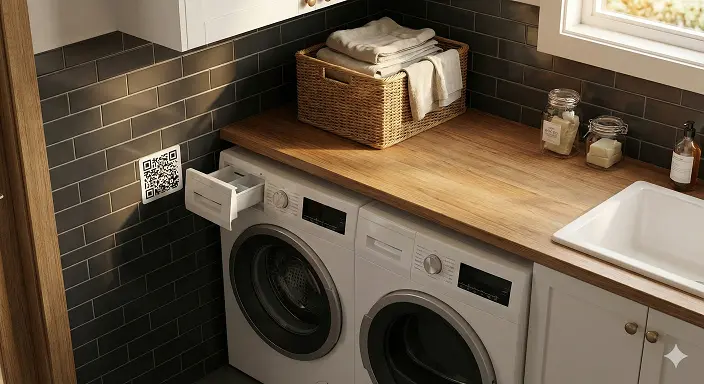 QR Code fixado ao lado de um eletrodoméstico, pronto para ser escaneado pelo hóspede